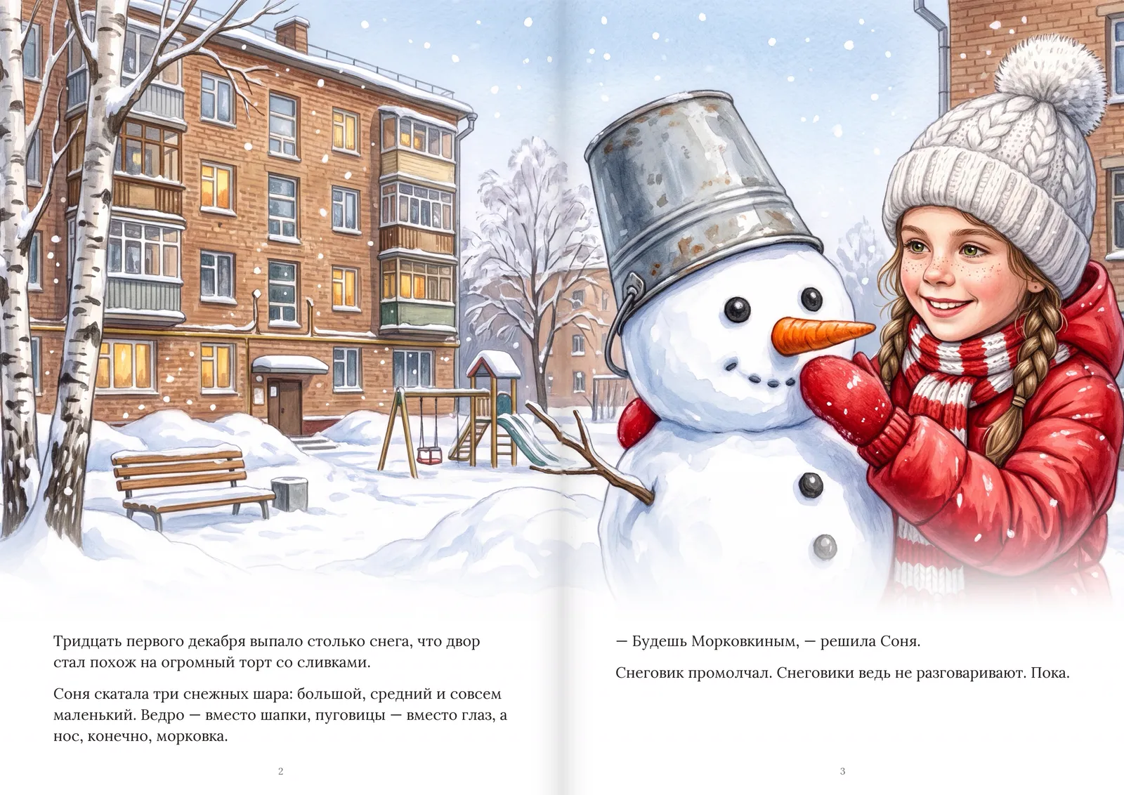 Разворот книги: девочка лепит снеговика во дворе